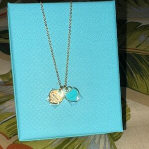 Gold Heart Double Pendant Necklace with Turquoise Enamel Heart (Box included)